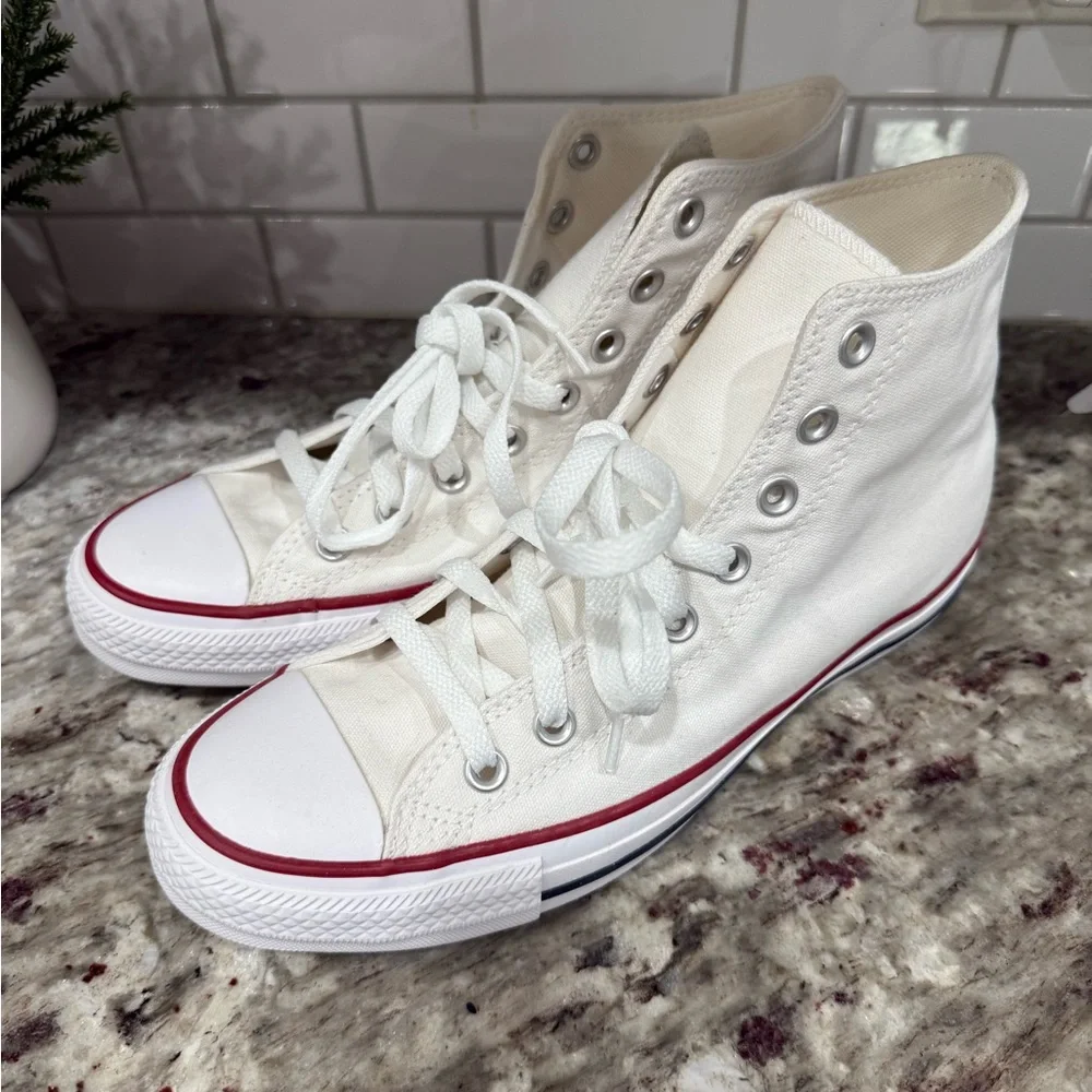 Converse White High-Tops with Red Trim - Picture 1 of 7